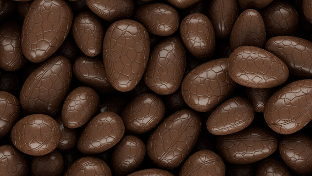 Chocolate Easter Egg background. Easter Wallpaper showing a collection of Chocolate Eggs. 3D Render 