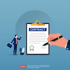 Big hand signing contract document and businessman feel joy because of it. Business agreement contract vector illustration