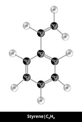 Vector ball-and-stick model of organic molecule styrene, vinylbenzene C8H8. Structural formula consisting of hydrogen and carbon. Monomer, a precursor to polystyrene PS. The icon is isolated on white.