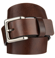 Brown leather belt with metal Cast buckle isolated on white background