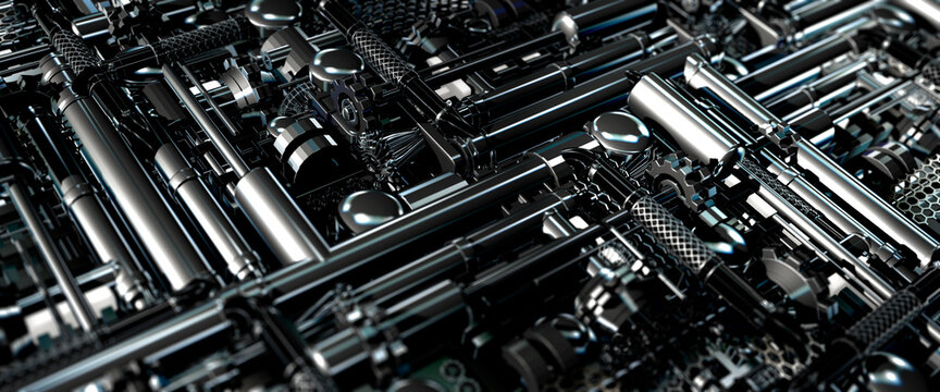 Industrial machinery made from pipes and gears in a science fiction style 3d render