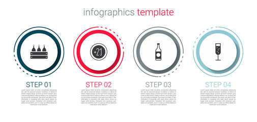 Set Bottles of wine in a wooden box, Alcohol 21 plus, Beer bottle and Glass champagne. Business infographic template. Vector.