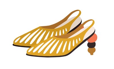 Fashion summer shoes decorated with slits and sculptural heel. Women's trendy footwear with closed toe. Colored flat vector illustration isolated on white background