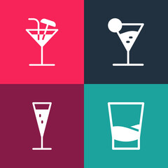 Set pop art Glass of vodka, champagne, Martini glass and Cocktail icon. Vector.