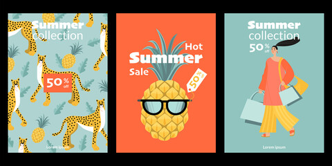 Fototapeta na wymiar Set of vector summer sale invitation card or flyer templates with funny cartoon people, animals and plants characters.