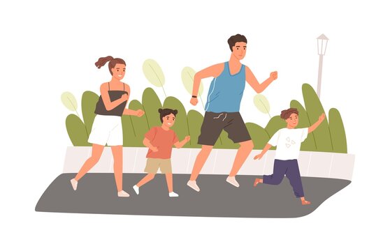 Happy and healthy family with kids jogging or running in summer. Active parents with children exercising in park together. Colored flat vector illustration isolated on white background