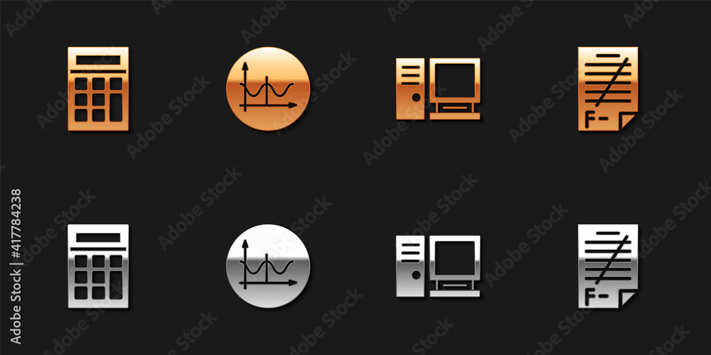 Poster set calculator, graph, schedule, chart, diagram, computer monitor and exam paper with incorrect answ