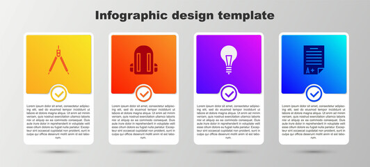 Set Drawing compass, School backpack, Light bulb with concept of idea and Exam sheet A plus grade. Business infographic template. Vector.