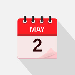 May 2, Calendar icon with shadow. Day, month. Flat vector illustration.