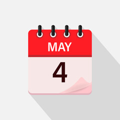 May 4, Calendar icon with shadow. Day, month. Flat vector illustration.