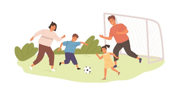 Happy Active Family Playing Football Or Soccer Outdoors. Kids And Parents Spending Time Together In Summer. Colored Flat Vector Illustration Of Sports Game Isolated On White Background