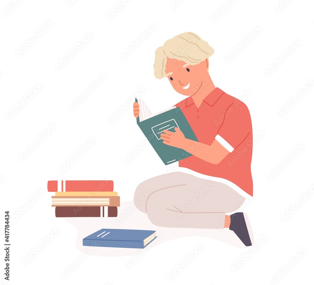 Poster Happy smiling boy sitting with open book in hands and reading it. Kid with stack of textbooks for learning. Colored flat cartoon vector illustration of smart child isolated on white background