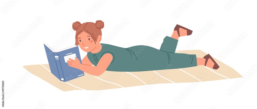 Poster happy girl lying on carpet and reading book. smiling child learning from textbook. colored graphic f