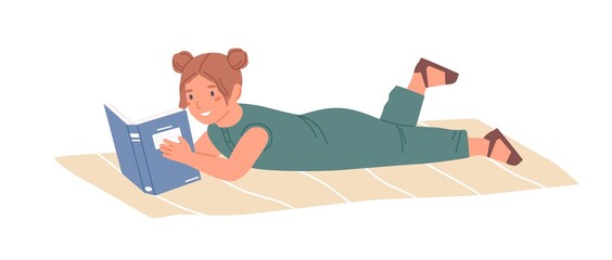 Happy girl lying on carpet and reading book. Smiling child learning from textbook. Colored graphic flat vector illustration of cheerful kid with literature isolated on white background