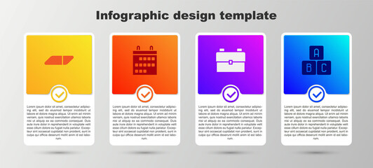 Set Eraser or rubber, Calendar, School backpack and ABC blocks. Business infographic template. Vector.