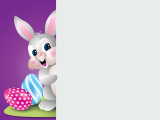 Happy Easter Day. Cute cartoon rabbit with big signboard.