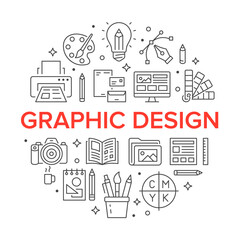 Graphic design circle poster with line icons. Vector illustration included icon as bulp, pencil, paintbrush, palette, printer, photo camera outline pictogram for drawing typography flyer or brochure
