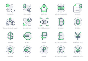 Finance currency exchange simple line icons. Vector illustration with minimal icon - euro, dollar, transfer, invoice, pound, sterling, cryptocurrency pictogram. Green Color, Editable Stroke