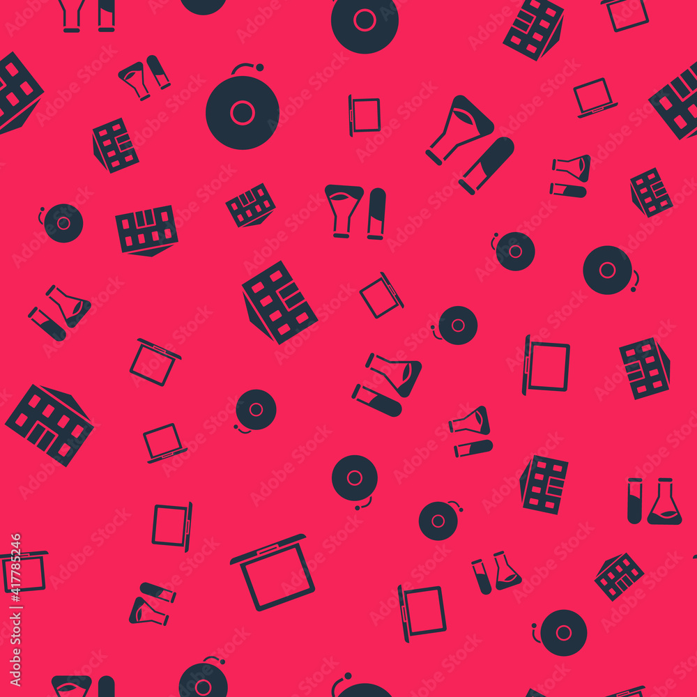 Poster set laptop, ringing alarm bell, school building and test tube and flask on seamless pattern. vector.