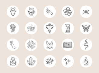 Highlights boho icons, black line, witchcraft magic social media covers, minimalist modern trendy style, vector symbols and mystic design elements, doodle shape illustration isolated on background