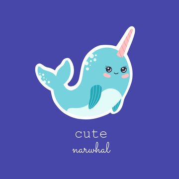 Cute narwhal vector sticker, kawaii smiling baby whale character. Charming ocean animal with pink horn in pastel color, modern trendy illustration in flat cartoon style, isolated on blue background.