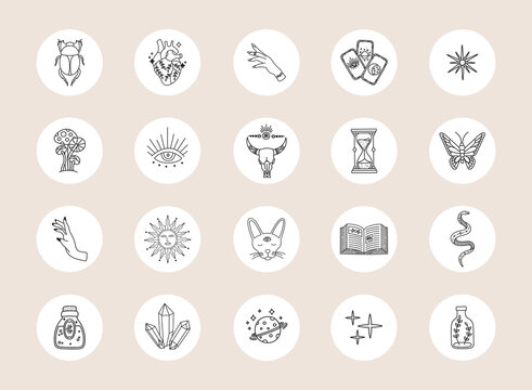 Highlights Boho Icons, Black Line, Witchcraft Magic Social Media Covers, Minimalist Modern Trendy Style, Vector Symbols And Mystic Design Elements, Doodle Shape Illustration Isolated On Background