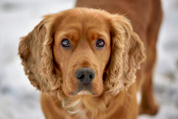 Close-up portrait of a red-haired cocker spaniel dog looking into the lens on a snowy meadow