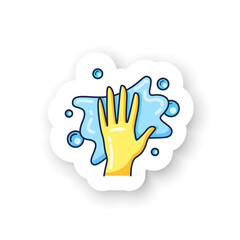 Obraz premium Foaming sticker icon. Soaping, wiping. Housekeeper hand in glove, whipping foam pictogram. Wet cleaning badge for designs. Housekeeping and surface disinfection vector emblem