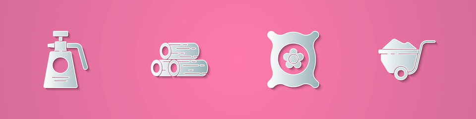 Set paper cut Garden sprayer for fertilizer, Wooden logs, Pack full of seeds of plant and Wheelbarrow with dirt icon. Paper art style. Vector.