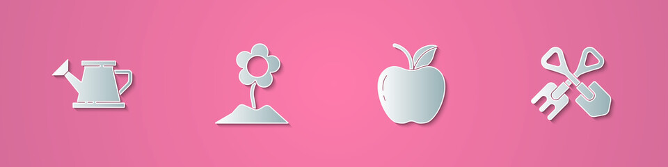 Set paper cut Watering can, Flower, Apple and Shovel and rake icon. Paper art style. Vector.