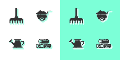 Set Wooden logs, Garden rake, Watering can and Wheelbarrow with dirt icon. Vector.