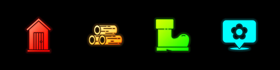 Set Farm house, Wooden logs, Waterproof rubber boot and Location with flower icon. Vector.