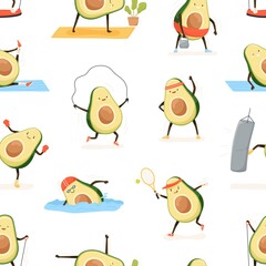 Seamless pattern with cute and funny avocado exercising on white background. Endless repeatable cartoon texture with happy strong fruit during workout. Colored flat vector illustration for printing