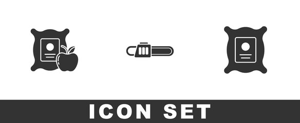 Set Apple in the sack, Chainsaw and Pack full of seeds of plant icon. Vector.