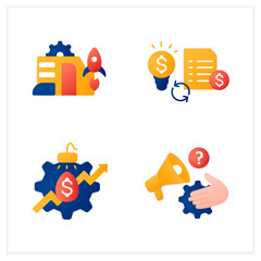 Business incubator flat icons set. Startup company. Marketing assistance, tax declaration. Startup agreement. Profitable investment. 3d vector illustrations