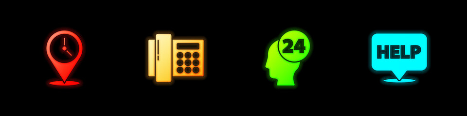 Set Location with clock, Telephone, Support operator in touch and Speech bubble text Help icon. Vector.