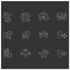 Focus mind chalk icons set. Signs collection for attention control, goal setting, mindfulness exercise, decision making and information detox. Isolated vector illustrations on chalkboard