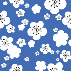 Vector blue white cherry flowers sakura, 60ies 70ies vintage hippy flowers, seamless pattern background