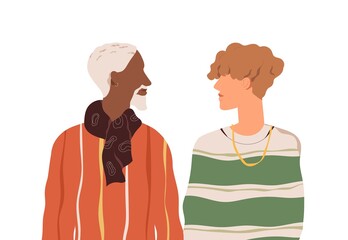 Obraz premium Romantic homosexual couple of two enamored men of different age and race. Multiracial love partners. Colored flat vector illustration of gay boyfriends isolated on white background