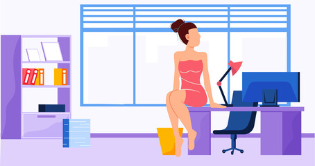Girl in pink dress or nightwear sitting on table. Woman spends time at workplace. Female character resting and relaxing in office after bath. Interior design and furniture arrangement in office