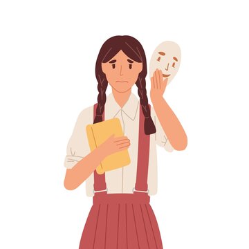 Girl Putting On Social Face Mask With Fake Positive Emotion To Hide Real Sad Feelings Behind It. Unhappy Person Disguising Fear. Colored Flat Vector Illustration Isolated On White Background