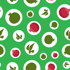 Pemegranate and leaves seamless pattern on green background with circles