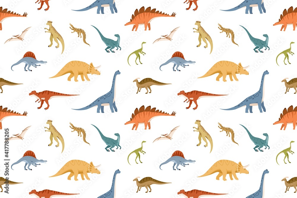 Aufkleber seamless kids pattern with different dinosaurs on white background. endless texture with dinos of ju