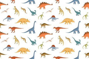 Seamless kids pattern with different dinosaurs on white background. Endless texture with dinos of Jurassic park and ancient prehistorical monsters. Colored flat vector illustration