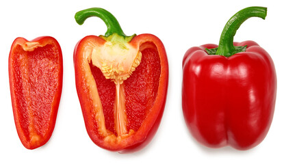 sliced red sweet bell pepper isolated on white background. clipping path