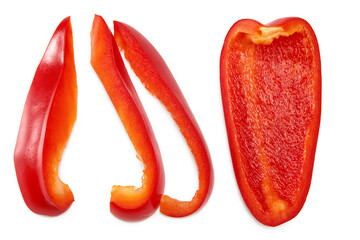 sliced red sweet bell pepper isolated on white background. clipping path. top view