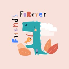 Cute cartoon dinosaur with little bird. Friends forever