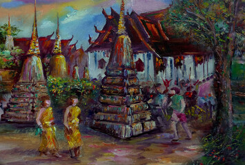 Art painting Oil color Temple thailand , Contemporary art  , Chedis at Wat Pho Temple