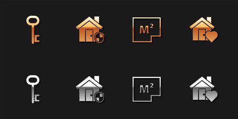 Set House key, under protection, plan and with heart shape icon. Vector.