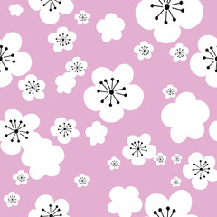 Vector pastel pink white cherry flowers sakura, 60ies 70ies vintage hippy flowers, seamless pattern background